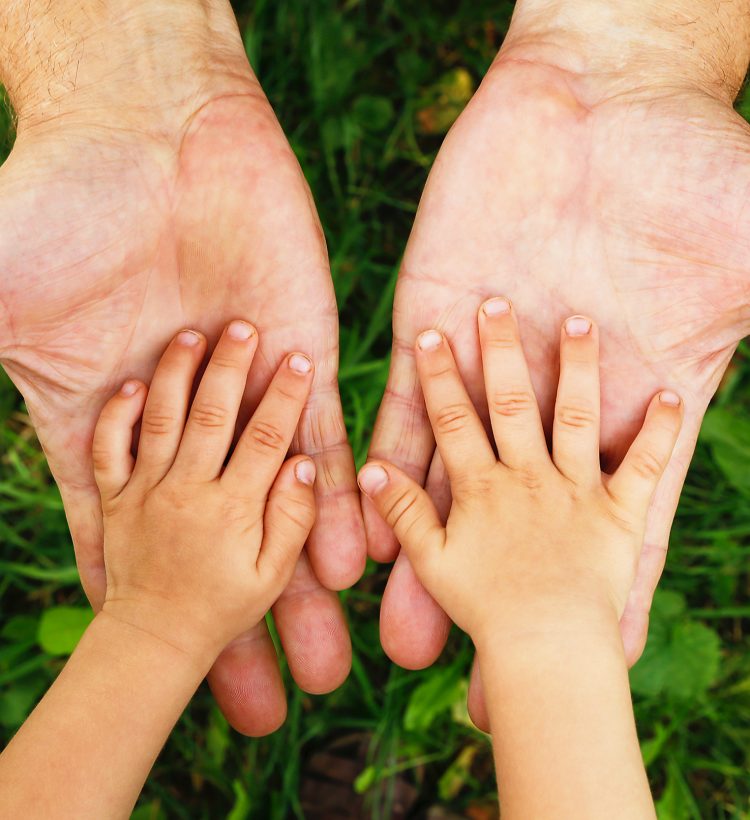 gentle parental hands holding the child's hand photo for micro-stock